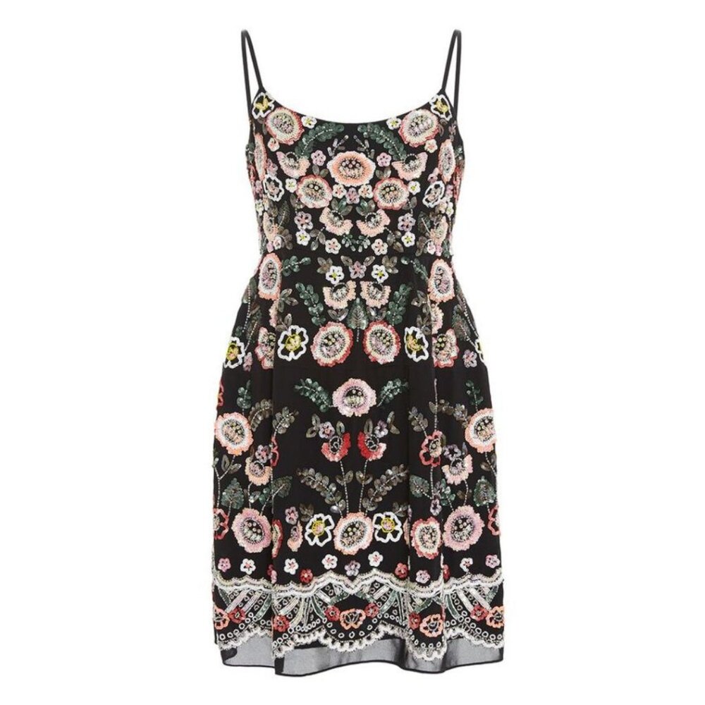 Needle & Thread Floral-Print Embellished Cocktail Mini Dress Size US 4 Black